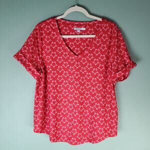 Chico's Zenergy Womens Red Allover Star Print Short Sleeve Tee Top Size 2 Large